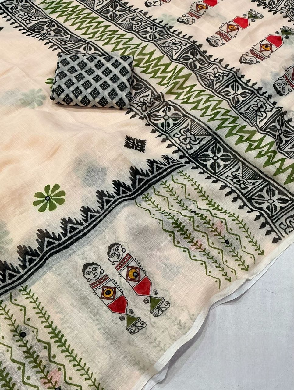 Linen Worli Printed Saree - Off White